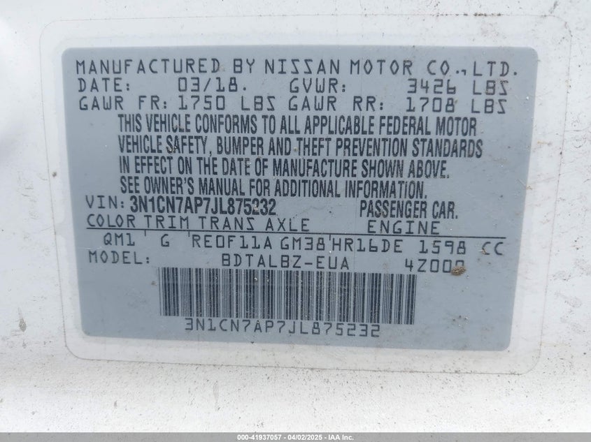 2018 NISSAN VERSA VIN: 3N1CN7AP7JL875232