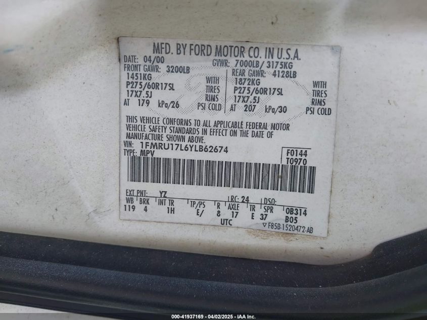 2000 Ford Expedition Eddie Bauer VIN: 1FMRU17L6YLB62674 Lot: 41937169