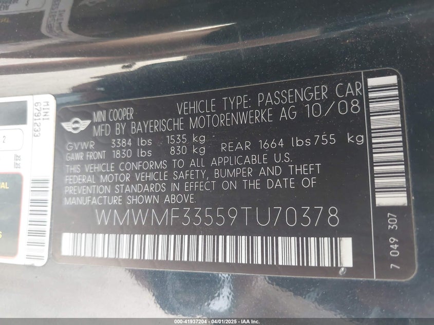 2009 MINI COOPER VIN: WMWMF33559TU70378