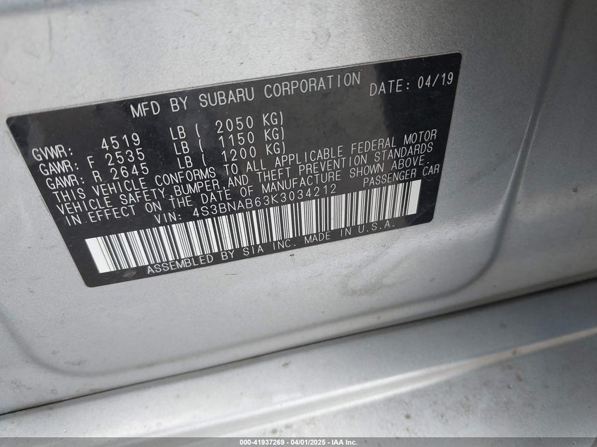 2019 SUBARU LEGACY 2.5I - 4S3BNAB63K3034212