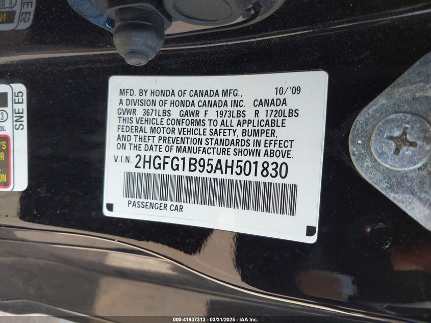 2010 HONDA CIVIC VIN: 2HGFG1B95AH501830