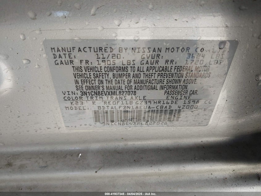 2021 NISSAN VERSA VIN: 3N1CN8EVXML827078