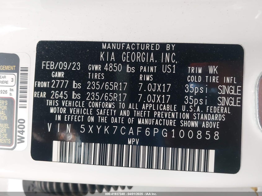 2023 KIA SPORTAGE VIN: 5XYK7CAF6PG100858