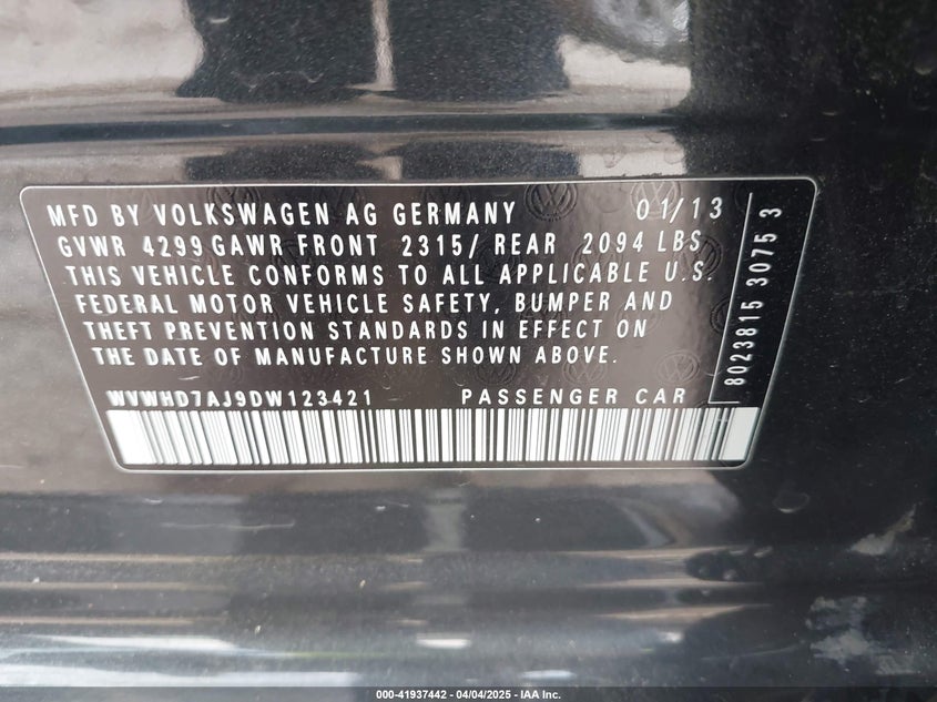 2013 VOLKSWAGEN GTI - WVWHD7AJ9DW123421
