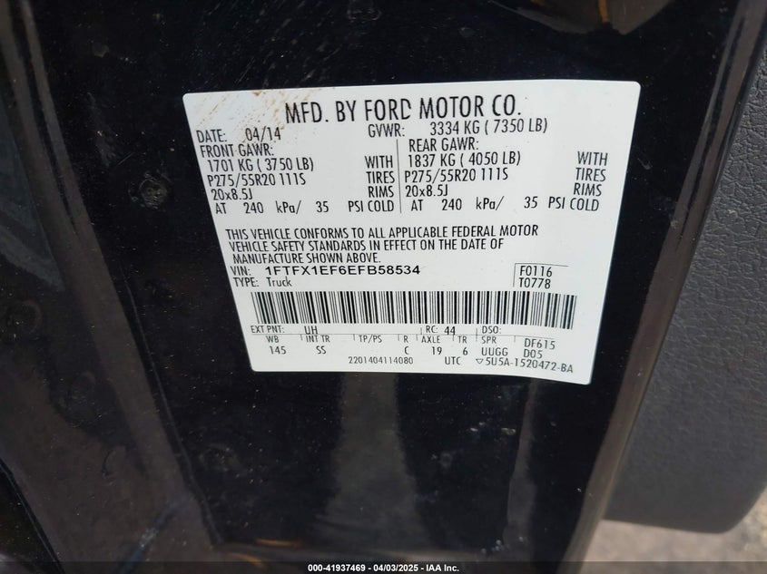 2014 FORD F-150 VIN: 1FTFX1EF6EFB58534