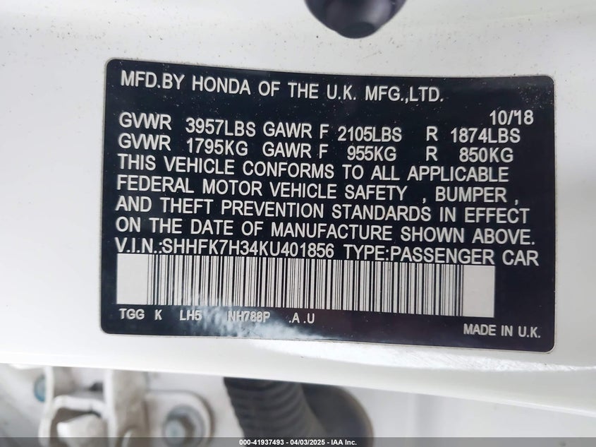 2019 HONDA CIVIC VIN: SHHFK7H34KU401856