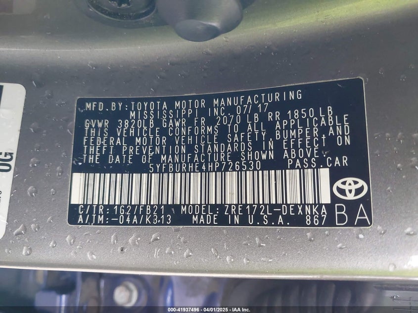2017 TOYOTA COROLLA VIN: 5YFBURHE4HP726530