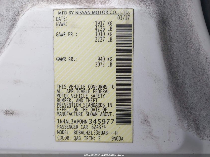 2017 NISSAN ALTIMA VIN: 1N4AL3AP0HN345977