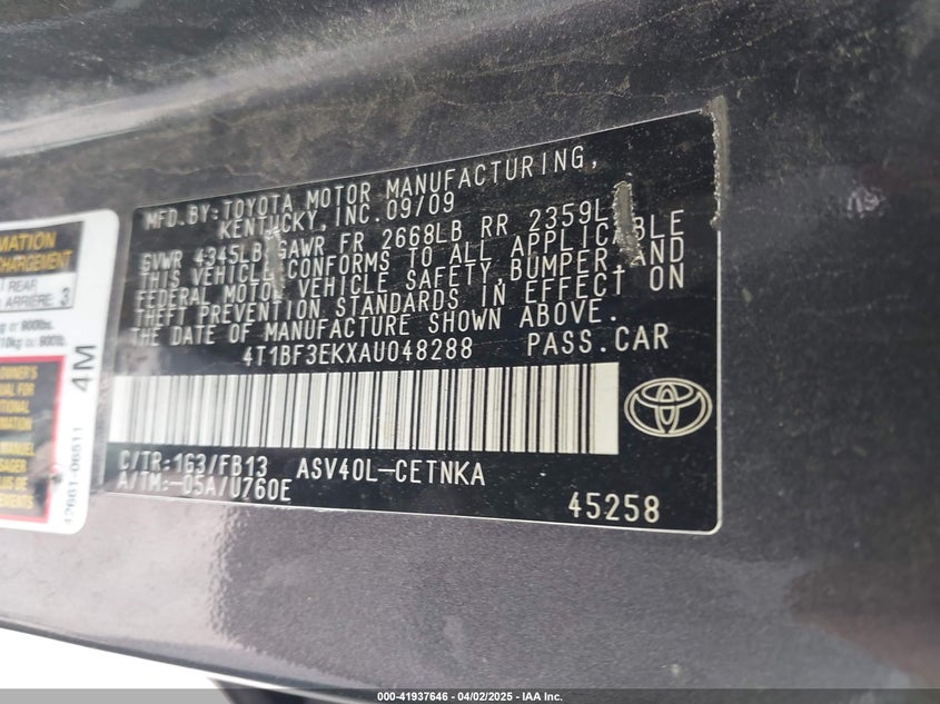 2010 TOYOTA CAMRY VIN: 4T1BF3EKXAU048288
