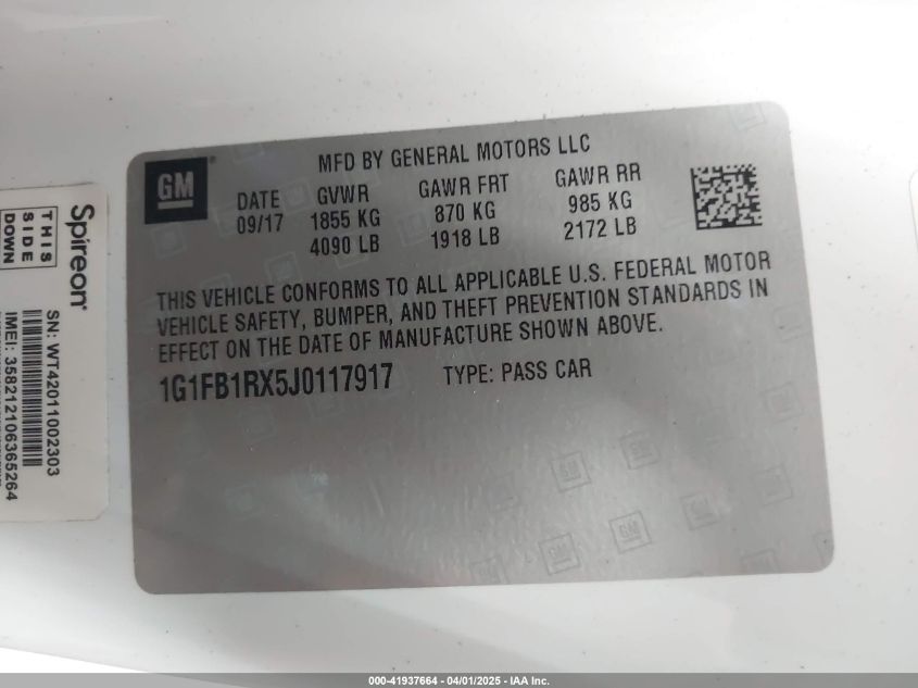 2018 Chevrolet Camaro 1Lt VIN: 1G1FB1RX5J0117917 Lot: 41937664