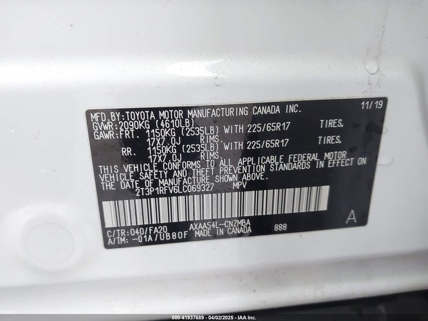2020 TOYOTA RAV4 XLE - 2T3P1RFV6LC069327