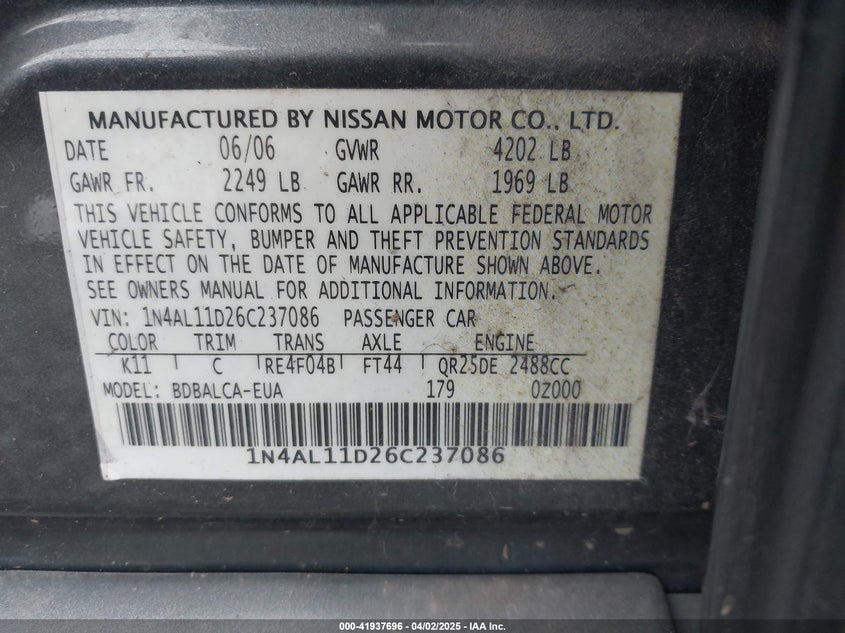 2006 NISSAN ALTIMA VIN: 1N4AL11D26C237086