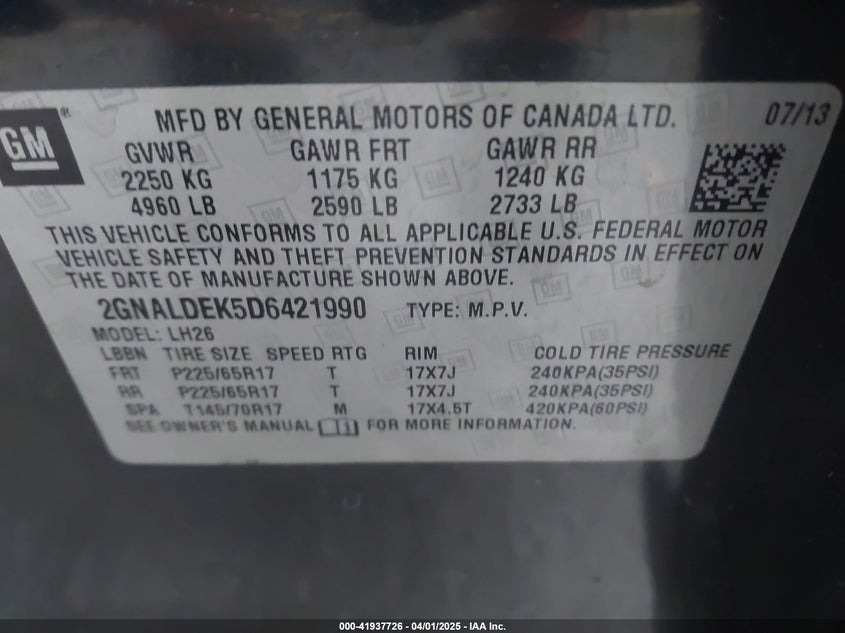 2013 CHEVROLET EQUINOX VIN: 2GNALDEK5D6421990