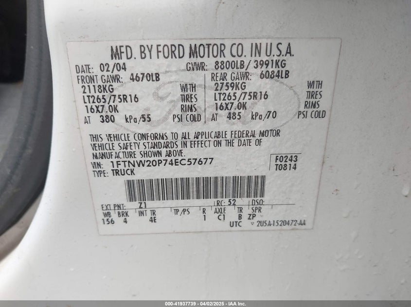 2004 Ford F-250 Lariat/Xl/Xlt VIN: 1FTNW20P74EC57677 Lot: 41937739