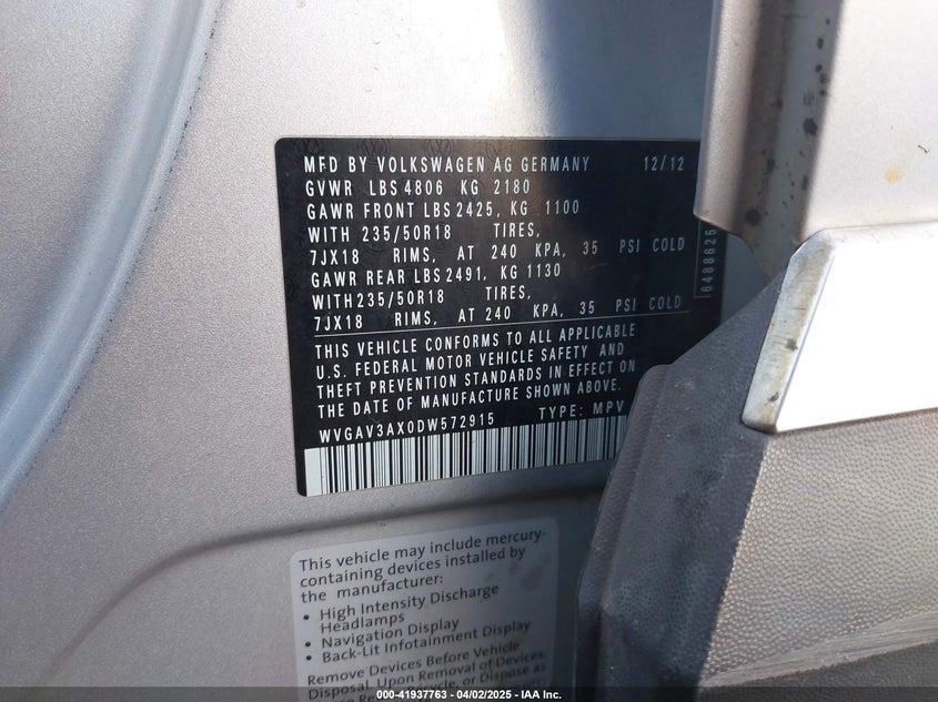 2013 VOLKSWAGEN TIGUAN VIN: WVGAV3AX0DW572915