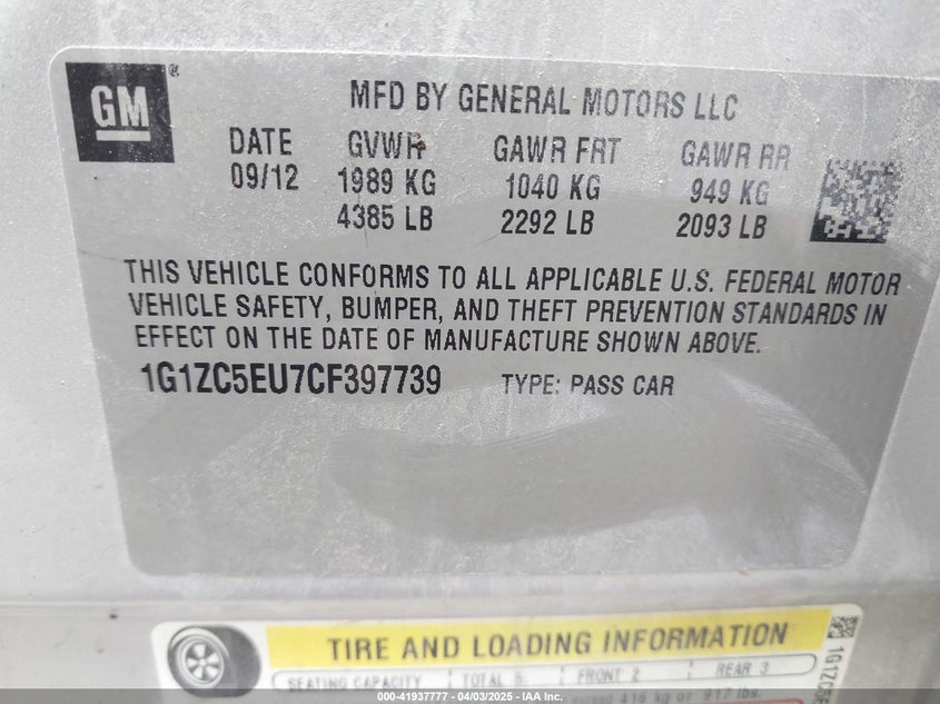 2012 CHEVROLET MALIBU VIN: 1G1ZC5EU7CF397739
