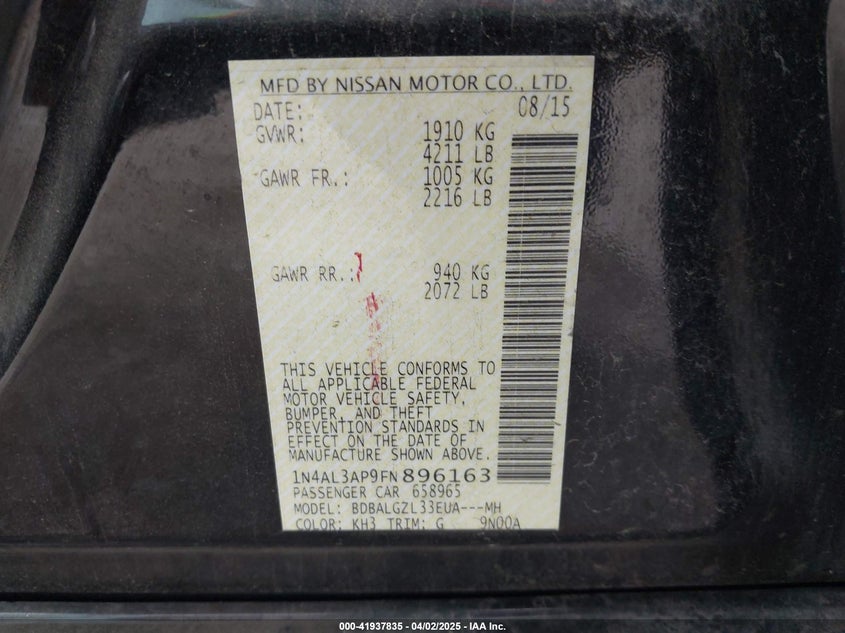 2015 NISSAN ALTIMA VIN: 1N4AL3AP9FN896163