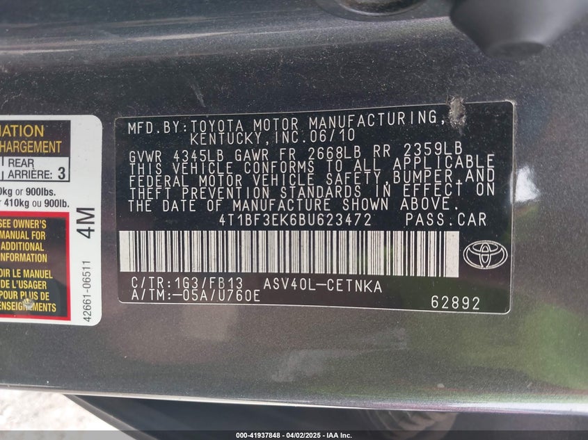 2011 TOYOTA CAMRY VIN: 4T1BF3EK6BU623472
