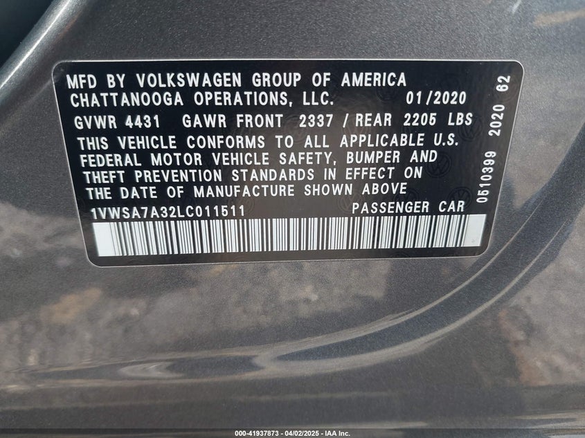2020 VOLKSWAGEN PASSAT VIN: 1VWSA7A32LC011511