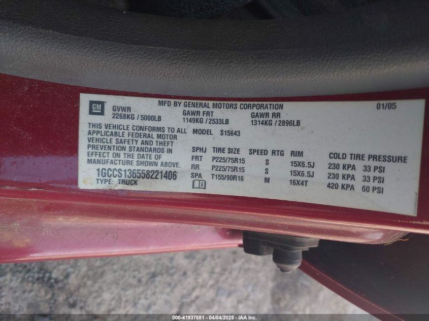 2005 Chevrolet Colorado Ls VIN: 1GCCS136558221406 Lot: 41937881