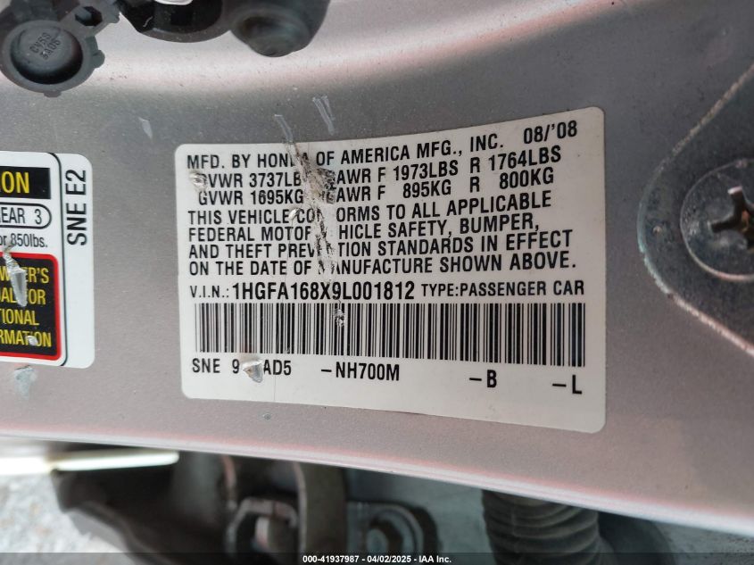 2009 Honda Civic Ex VIN: 1HGFA168X9L001812 Lot: 41937987