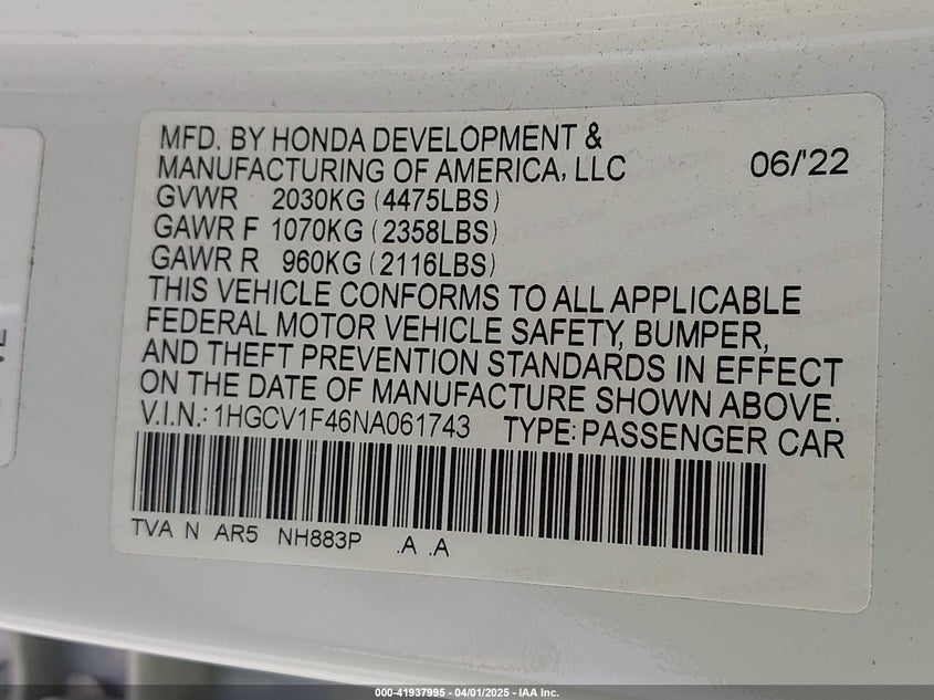 2022 HONDA ACCORD VIN: 1HGCV1F46NA061743