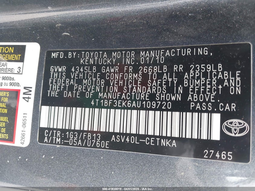 2010 TOYOTA CAMRY VIN: 4T1BF3EK6AU109720