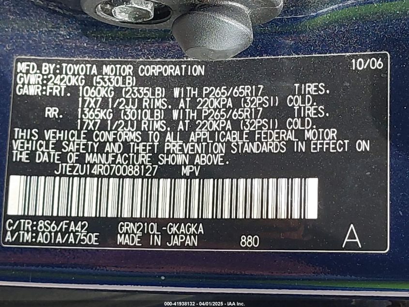2007 Toyota 4Runner Sr5 V6 VIN: JTEZU14R070088127 Lot: 41938132