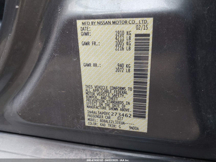 2015 Nissan Altima 2.5/2.5 S/2.5 Sl/2.5 Sv VIN: 1N4AL3AP0FC273462 Lot: 41938152
