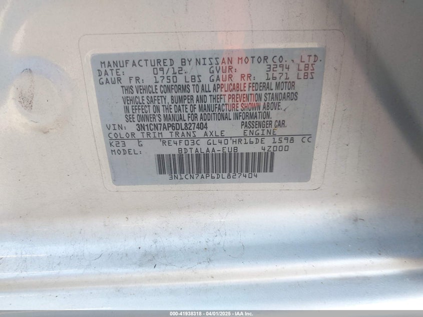 2013 Nissan Versa 1.6 S VIN: 3N1CN7AP6DL827404 Lot: 41938318