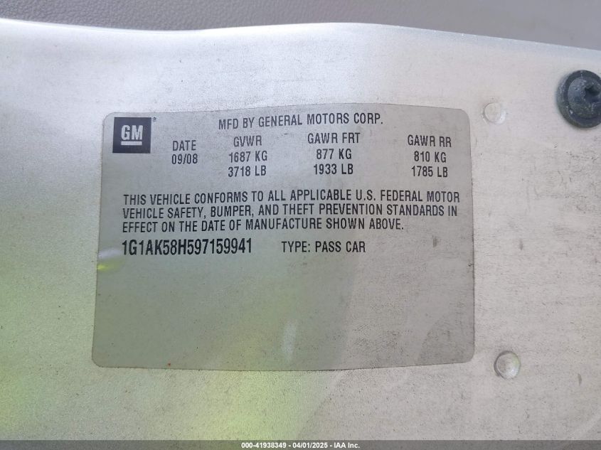 2009 Chevrolet Cobalt Ls VIN: 1G1AK58H597159941 Lot: 41938349
