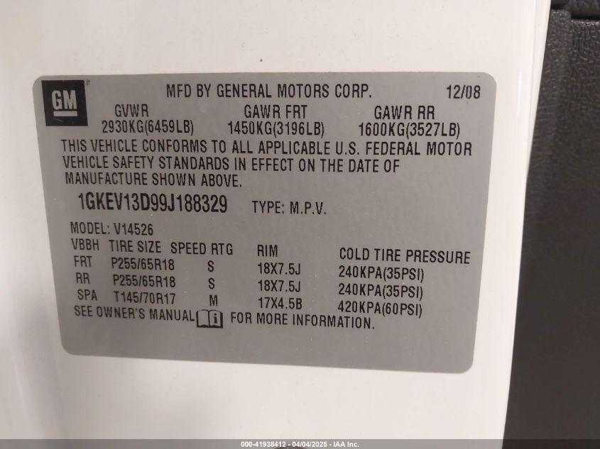 2009 GMC Acadia Sle-1 VIN: 1GKEV13D99J188329 Lot: 41938412