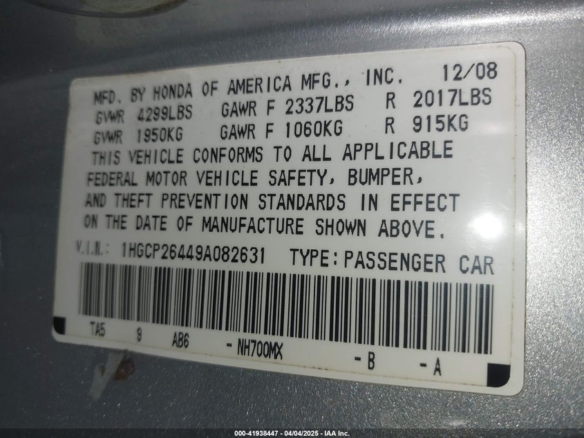 2009 HONDA ACCORD VIN: 1HGCP26449A082631