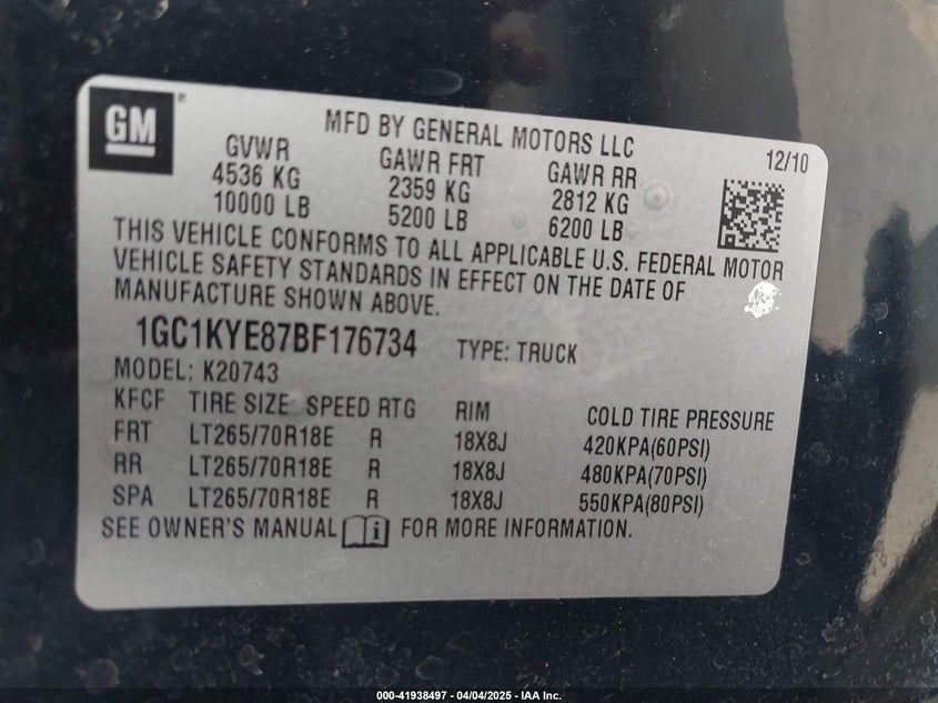 2011 CHEVROLET SILVERADO VIN: 1GC1KYE87BF176734