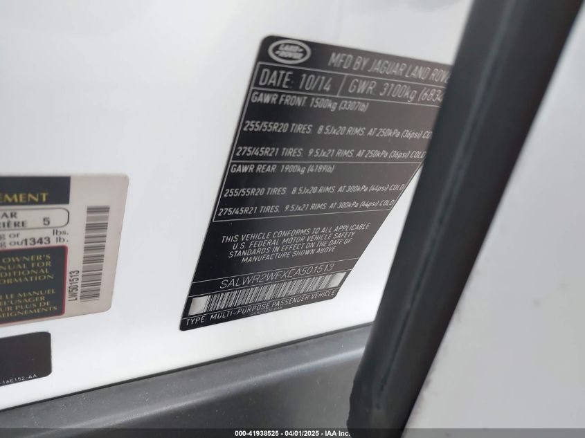 2014 Land Rover Range Rover Sport 3.0L V6 Supercharged Hse VIN: SALWR2WFXEA501513 Lot: 41938525