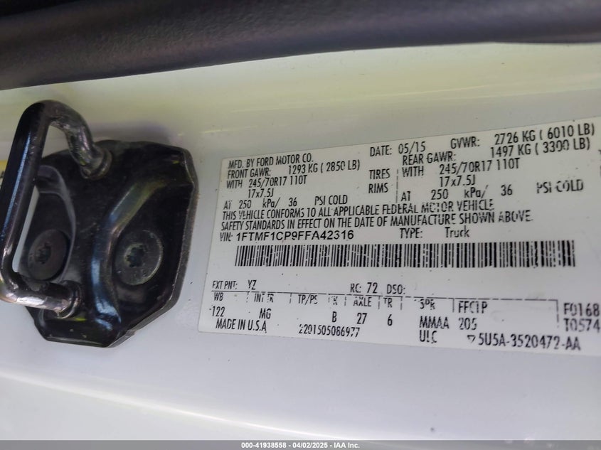 2015 FORD F-150 VIN: 1FTMF1CP9FFA42316
