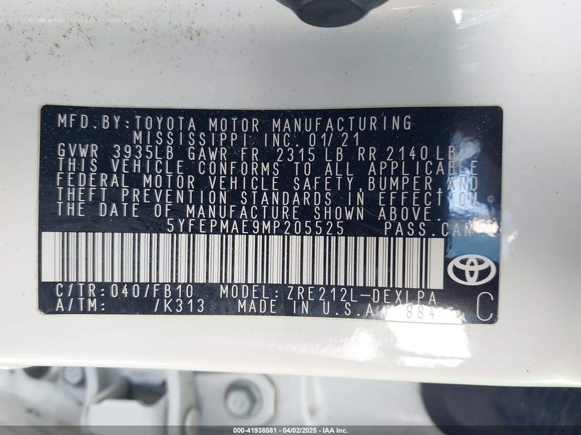 2021 TOYOTA COROLLA VIN: 5YFEPMAE9MP205525