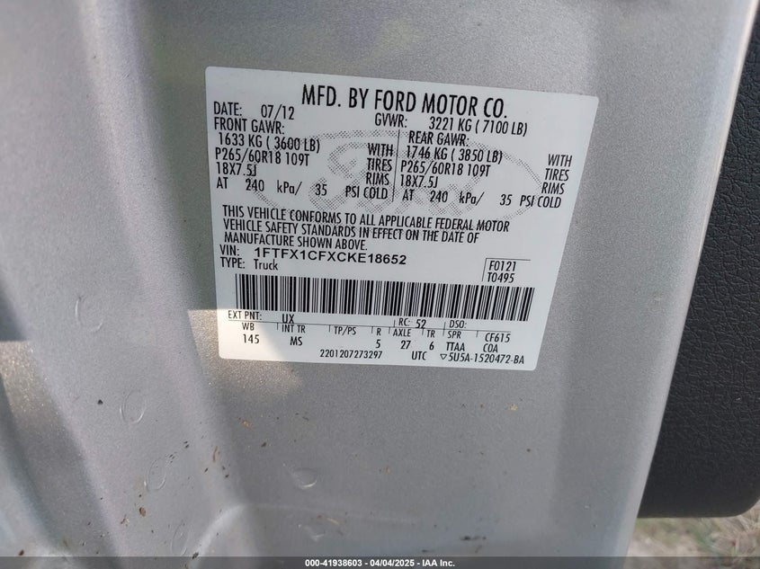 2012 FORD F150 VIN: 1FTFX1CFXCKE18652