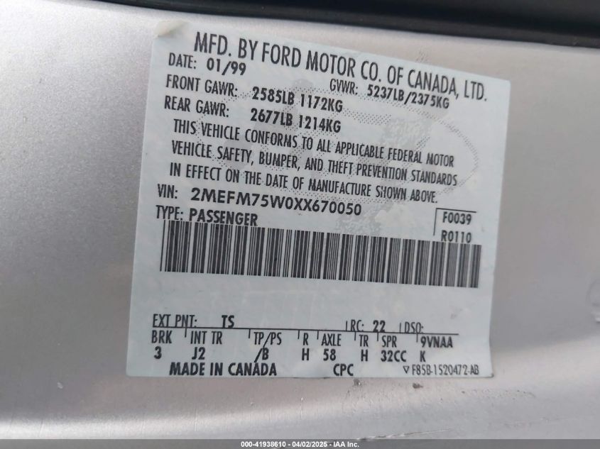 1999 Mercury Grand Marquis Ls VIN: 2MEFM75W0XX670050 Lot: 41938610