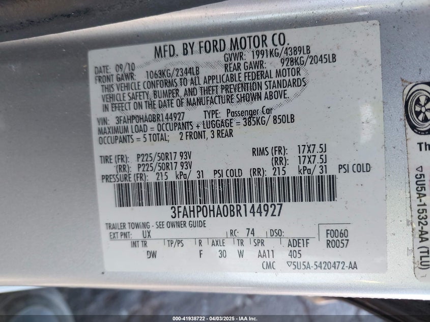 2011 FORD FUSION VIN: 3FAHP0HA0BR144927