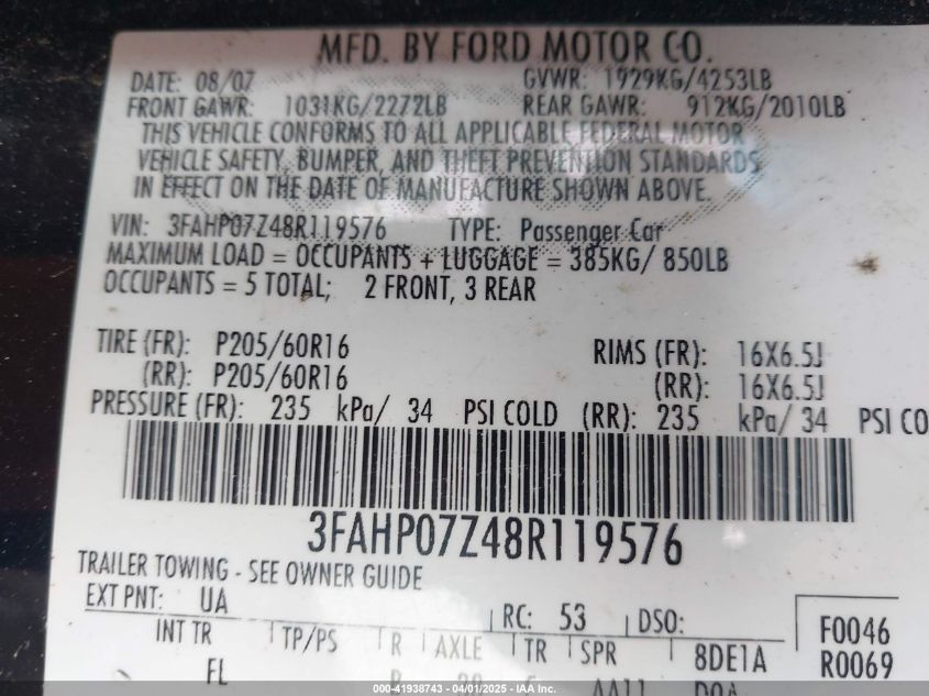 2008 Ford Fusion Se VIN: 3FAHP07Z48R119576 Lot: 41938743