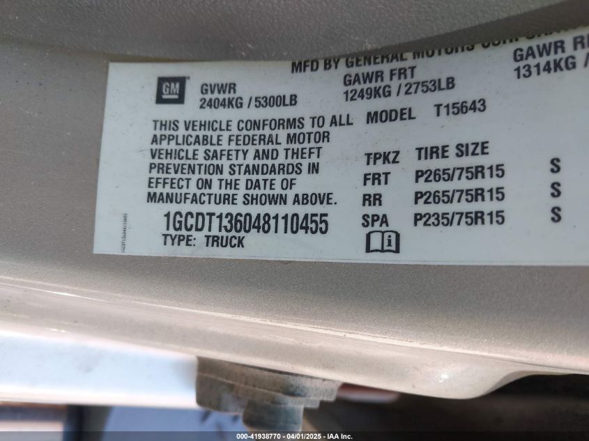 2004 Chevrolet Colorado Ls VIN: 1GCDT136048110455 Lot: 41938770