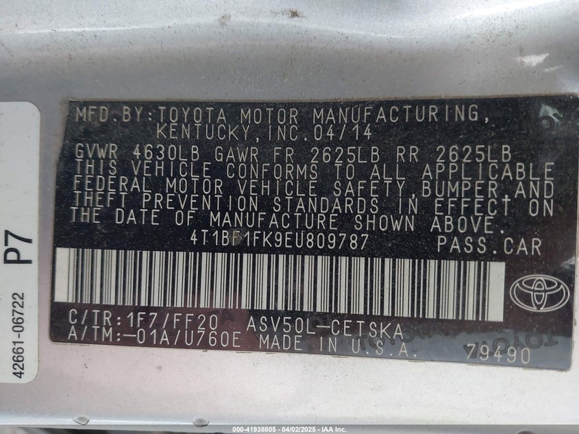2014 TOYOTA CAMRY VIN: 4T1BF1FK9EU809787