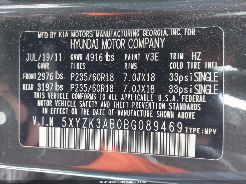 2011 Hyundai Santa Fe Limited VIN: 5XYZK3AB0BG089469 Lot: 41938835