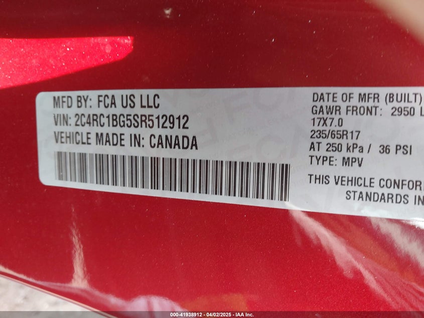 2025 CHRYSLER PACIFICA SELECT - 2C4RC1BG5SR512912