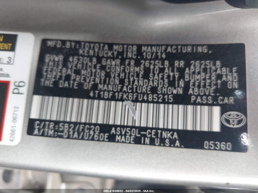 2015 TOYOTA CAMRY VIN: 4T1BF1FK6FU485215