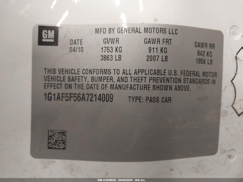 2010 CHEVROLET COBALT VIN: 1G1AF5F56A7214009