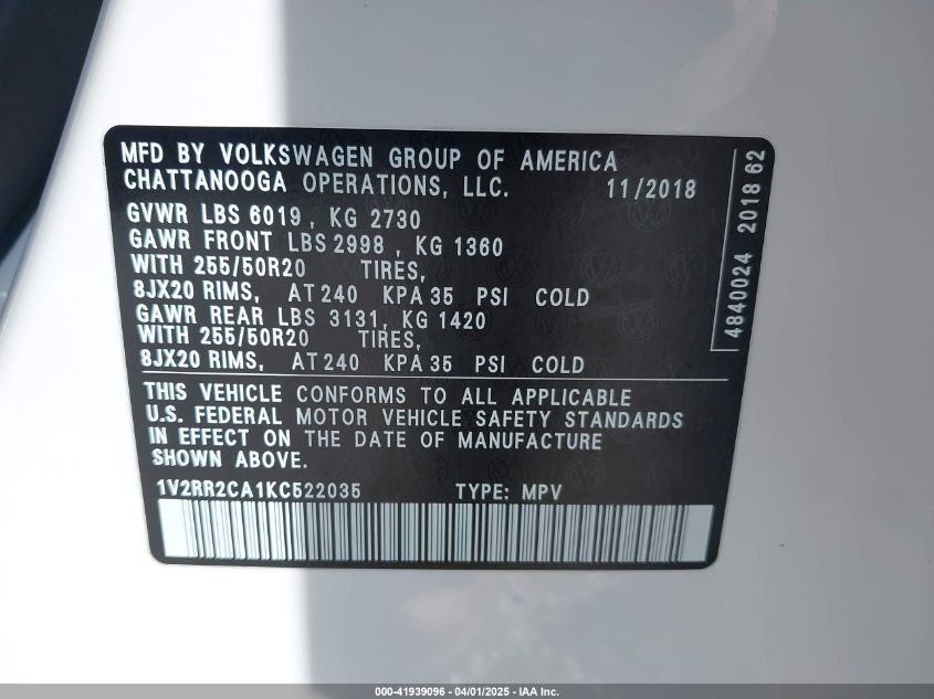 2019 Volkswagen Atlas 3.6L V6 Sel R-Line VIN: 1V2RR2CA1KC522035 Lot: 41939096