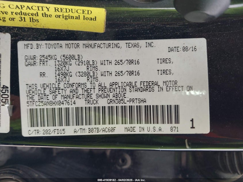 2017 TOYOTA TACOMA VIN: 5TFCZ5AN8HX047614