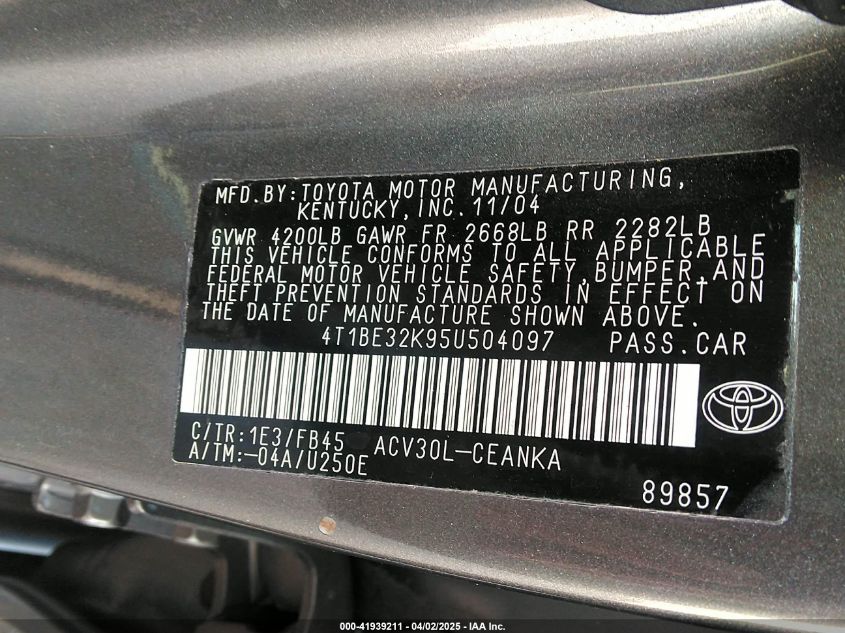 2005 Toyota Camry Le VIN: 4T1BE32K95U504097 Lot: 41939211